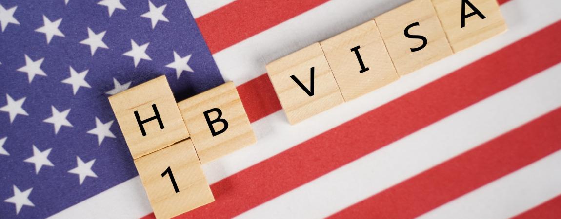 The words H1B Visa in front of an American flag
