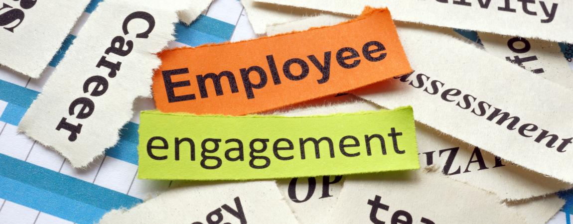 image of various cut out indivial words. All are white, but the word Engagement is orange colored and the work Engagement is yellow.